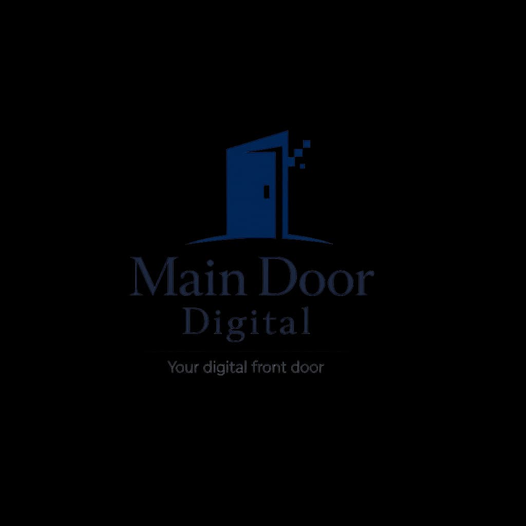 Minimalist logo for Main Door Digital, featuring a modern door icon and wordmark