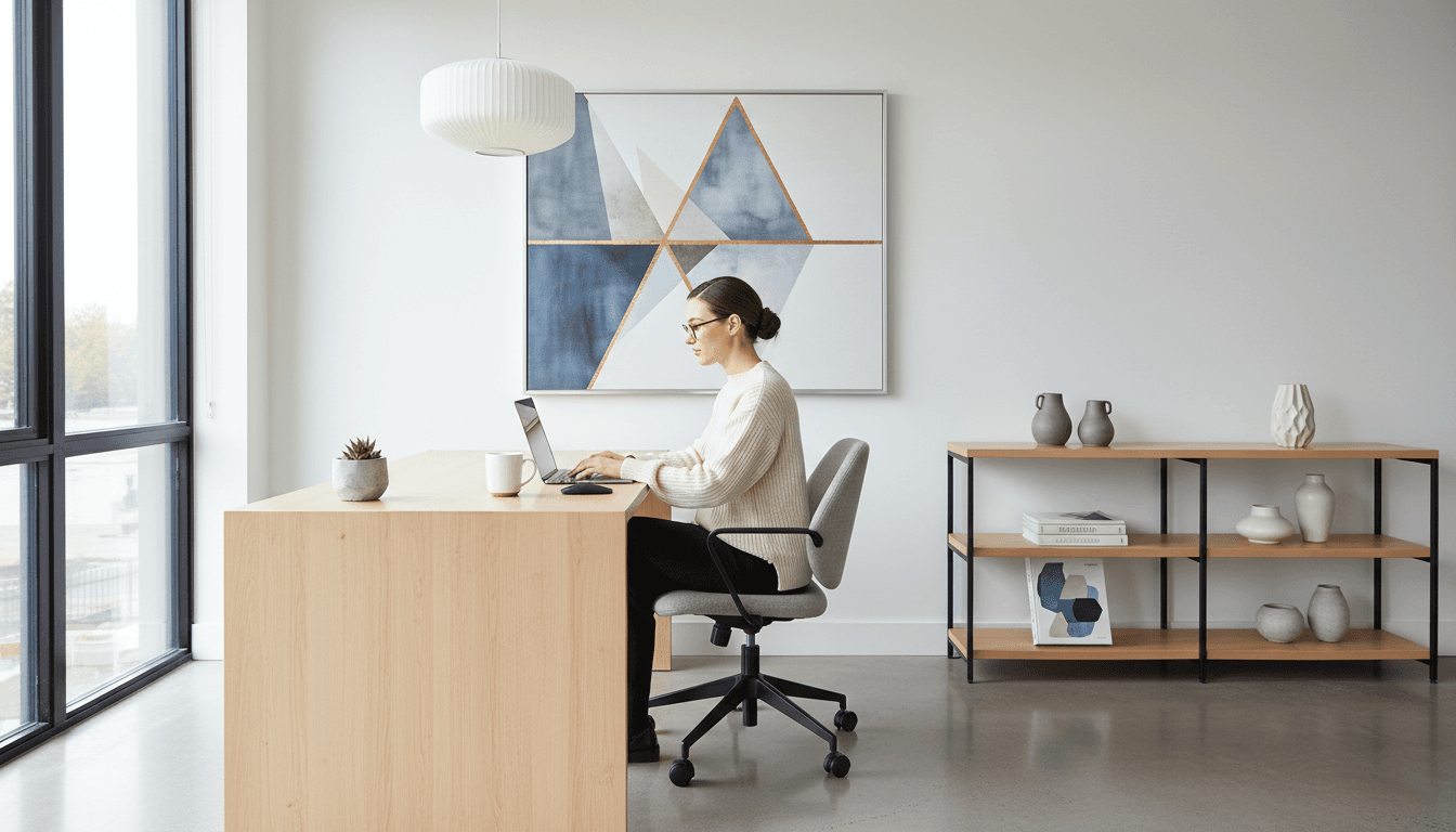 Professional web designer working at a modern desk with natural lighting