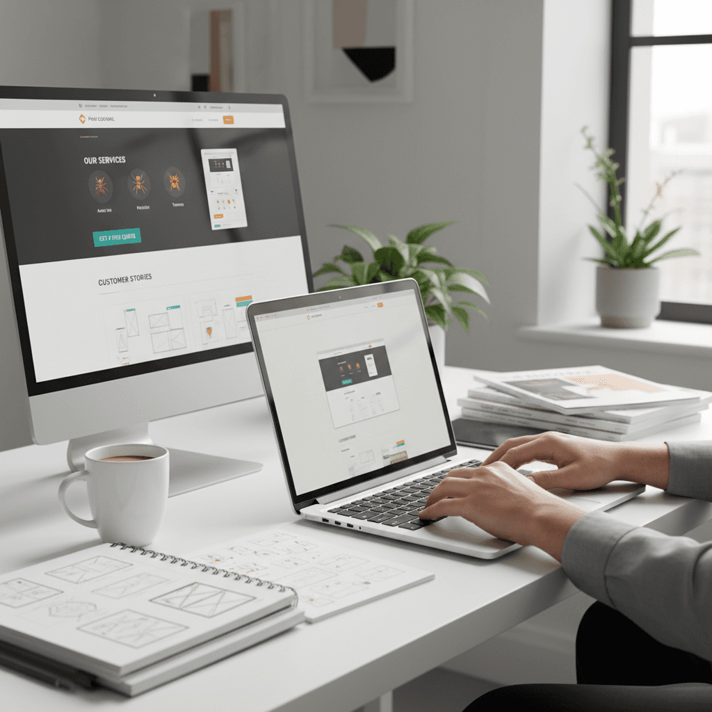 Web designer at desk working on website project with laptop and design materials