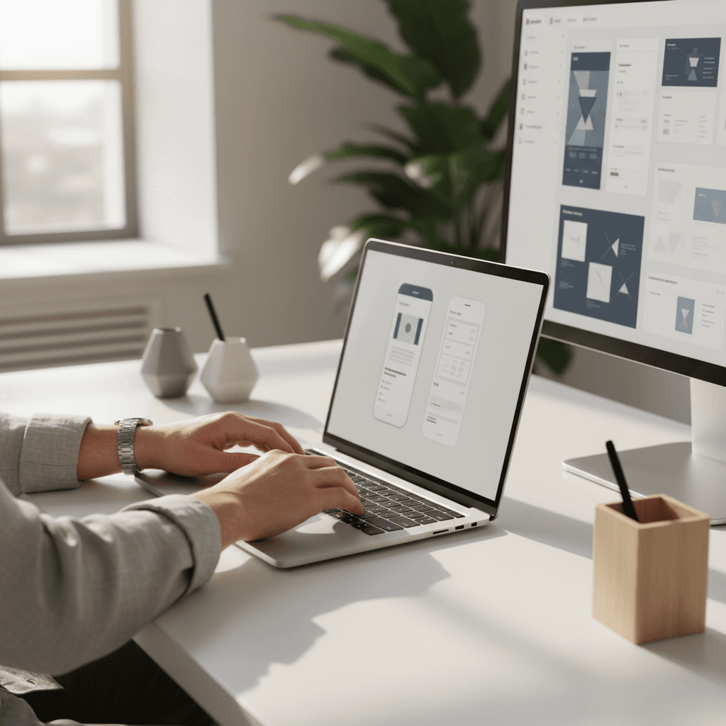 Professional web designer working at a clean modern desk with laptop and design materials